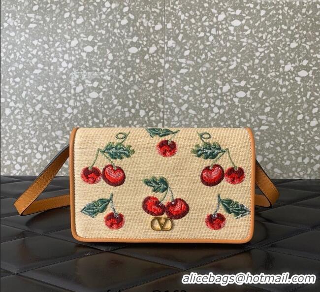 Affordable Price Valentino Vlogo Signature mini shoulder bag in jacquard raffia starw with Cherryfic motif 2089 Beige 20