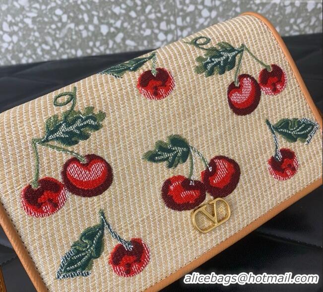 Affordable Price Valentino Vlogo Signature mini shoulder bag in jacquard raffia starw with Cherryfic motif 2089 Beige 20
