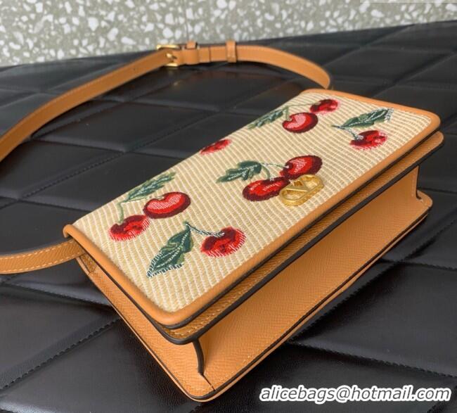 Affordable Price Valentino Vlogo Signature mini shoulder bag in jacquard raffia starw with Cherryfic motif 2089 Beige 20