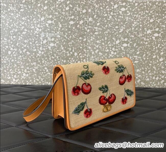 Affordable Price Valentino Vlogo Signature mini shoulder bag in jacquard raffia starw with Cherryfic motif 2089 Beige 20