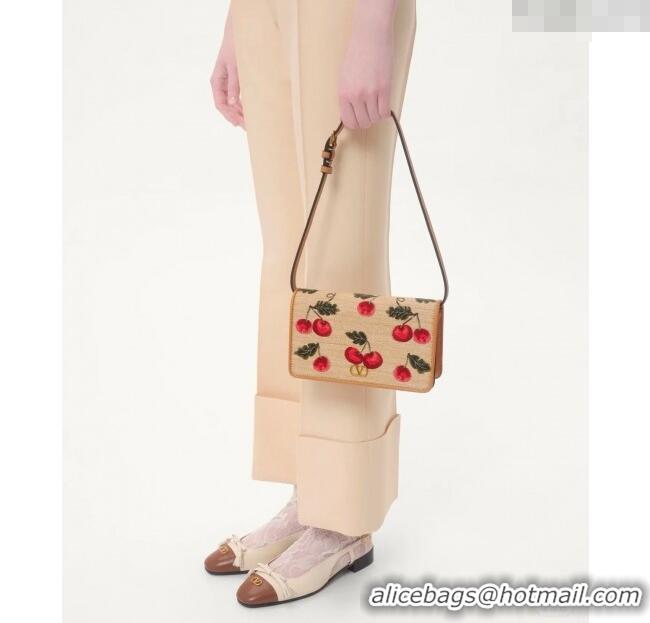 Affordable Price Valentino Vlogo Signature mini shoulder bag in jacquard raffia starw with Cherryfic motif 2089 Beige 20