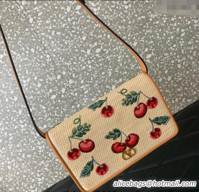 Affordable Price Valentino Vlogo Signature mini shoulder bag in jacquard raffia starw with Cherryfic motif 2089 Beige 20