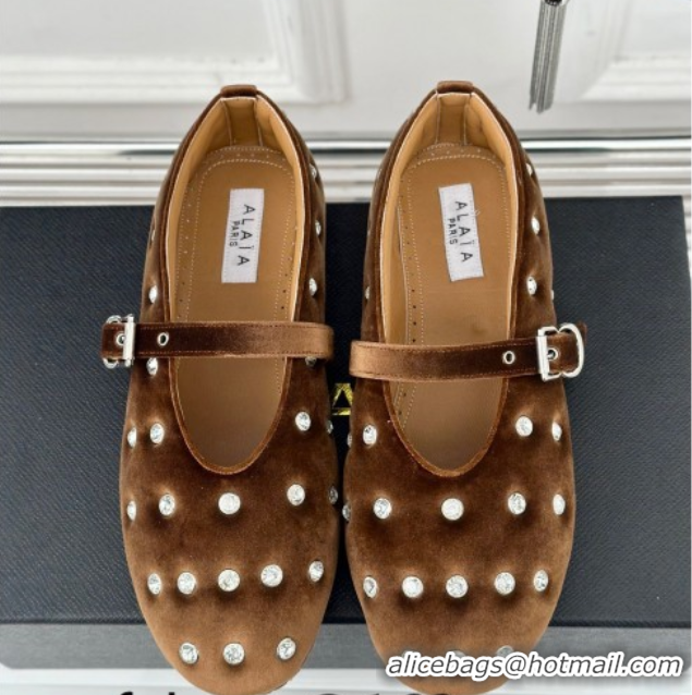 Perfect Alaia Ballet Flats in Puffer Velvet with Strass Brown 1112013