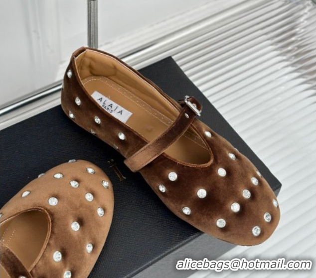 Perfect Alaia Ballet Flats in Puffer Velvet with Strass Brown 1112013