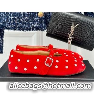 Sumptuous Alaia Ballet Flats in Puffer Velvet with Strass Red 1112015