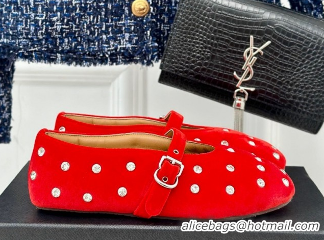 Sumptuous Alaia Ballet Flats in Puffer Velvet with Strass Red 1112015
