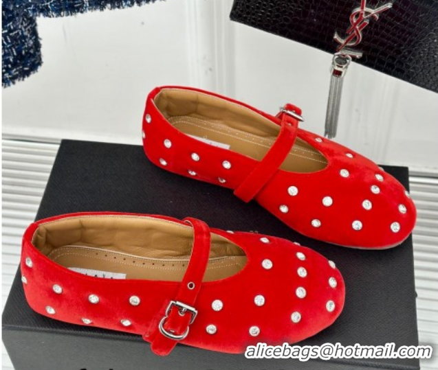 Sumptuous Alaia Ballet Flats in Puffer Velvet with Strass Red 1112015