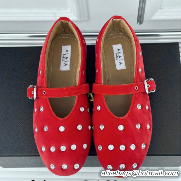 Sumptuous Alaia Ballet Flats in Puffer Velvet with Strass Red 1112015