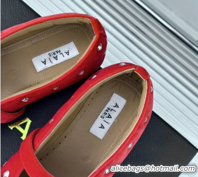 Sumptuous Alaia Ballet Flats in Puffer Velvet with Strass Red 1112015