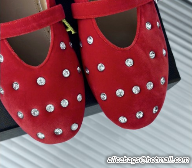 Sumptuous Alaia Ballet Flats in Puffer Velvet with Strass Red 1112015