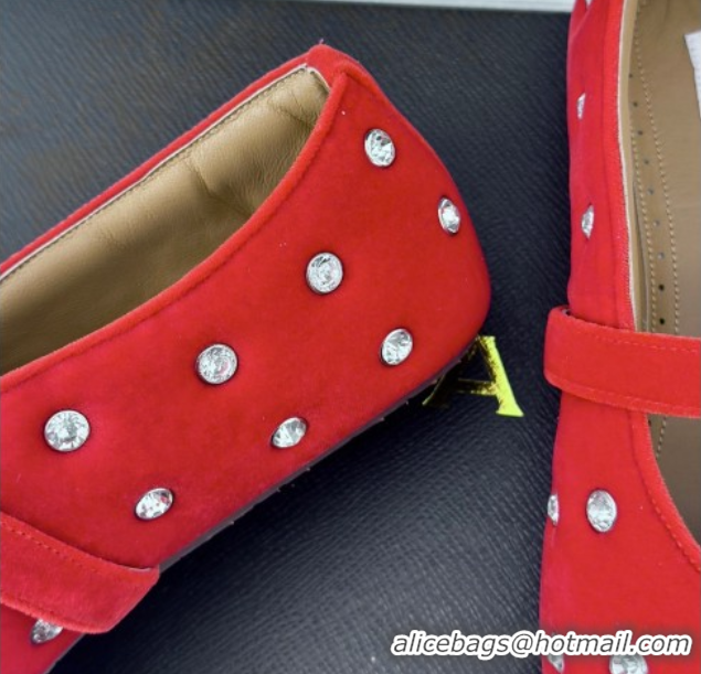 Sumptuous Alaia Ballet Flats in Puffer Velvet with Strass Red 1112015