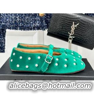 Classic Hot Alaia Ballet Flats in Puffer Velvet with Strass Green 1112016