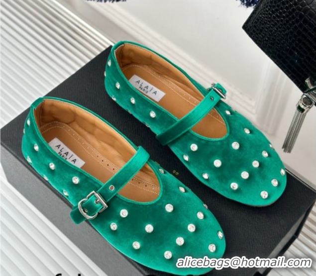 Classic Hot Alaia Ballet Flats in Puffer Velvet with Strass Green 1112016