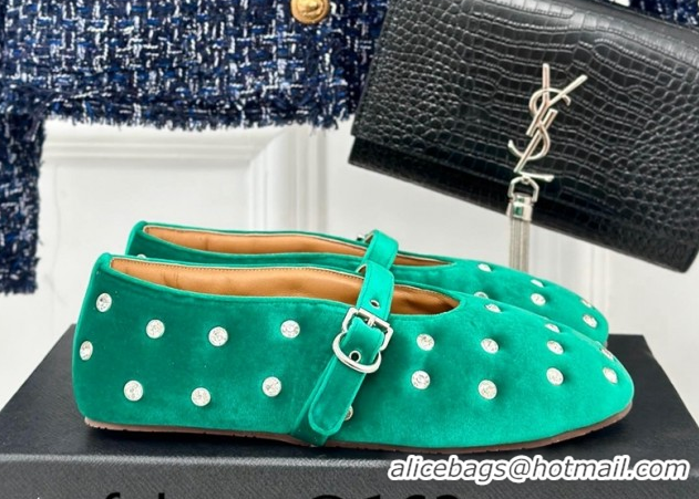 Classic Hot Alaia Ballet Flats in Puffer Velvet with Strass Green 1112016