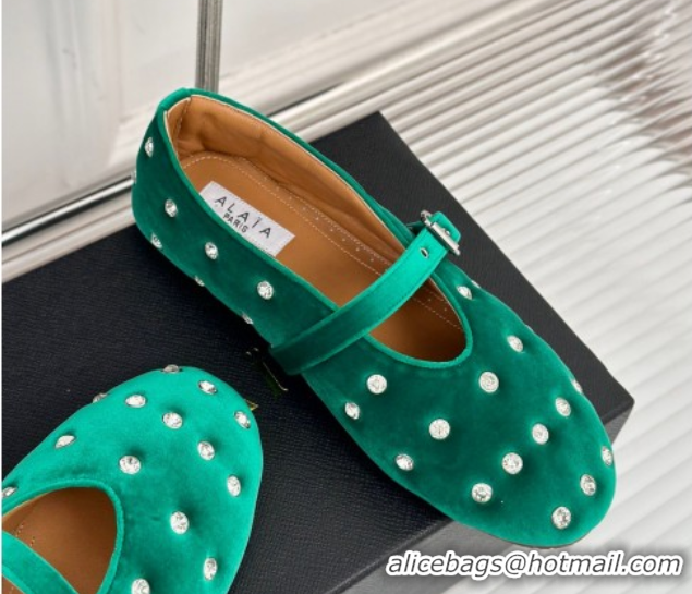 Classic Hot Alaia Ballet Flats in Puffer Velvet with Strass Green 1112016