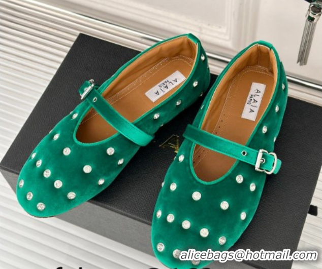 Classic Hot Alaia Ballet Flats in Puffer Velvet with Strass Green 1112016