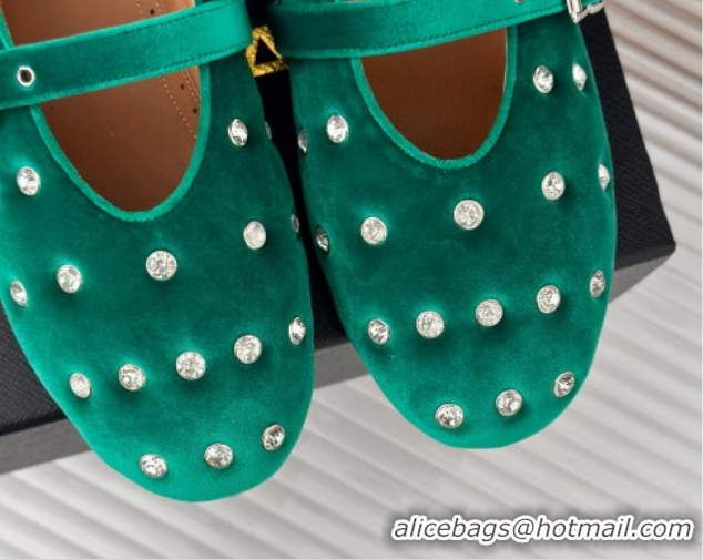 Classic Hot Alaia Ballet Flats in Puffer Velvet with Strass Green 1112016