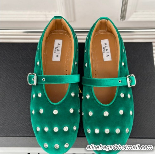 Classic Hot Alaia Ballet Flats in Puffer Velvet with Strass Green 1112016