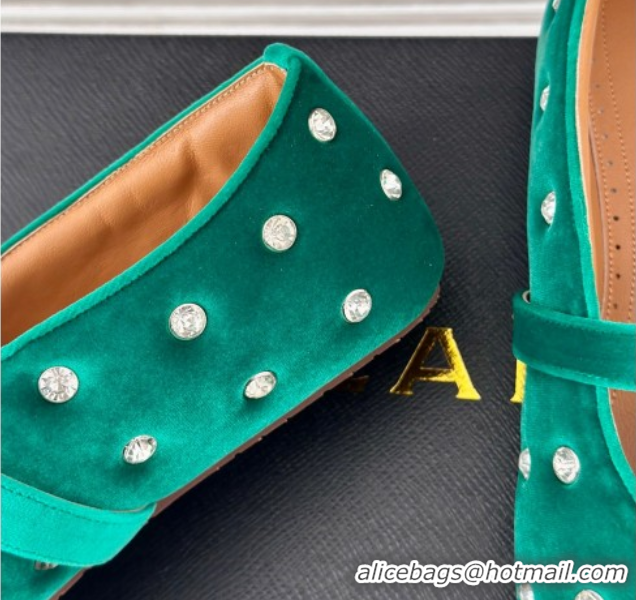 Classic Hot Alaia Ballet Flats in Puffer Velvet with Strass Green 1112016