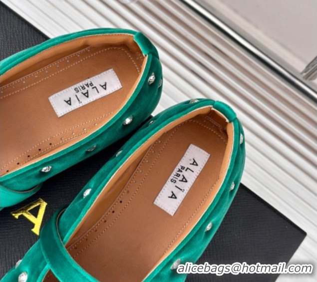 Classic Hot Alaia Ballet Flats in Puffer Velvet with Strass Green 1112016