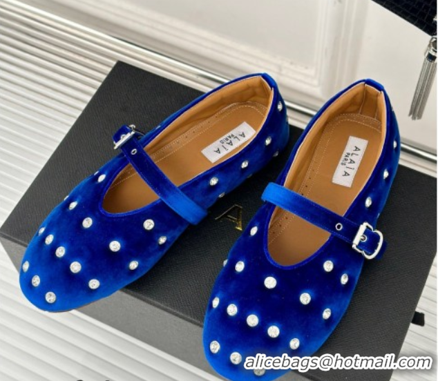 Unique Style Alaia Ballet Flats in Puffer Velvet with Strass Blue 1112017