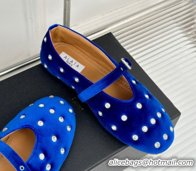 Unique Style Alaia Ballet Flats in Puffer Velvet with Strass Blue 1112017
