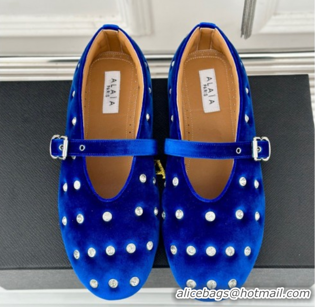 Unique Style Alaia Ballet Flats in Puffer Velvet with Strass Blue 1112017