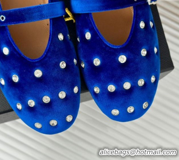 Unique Style Alaia Ballet Flats in Puffer Velvet with Strass Blue 1112017