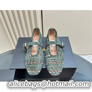 Shop Duplicate Alaia Ballet Flat in Openwork Suede Dark Green 1223001