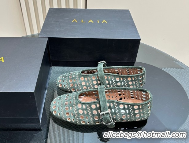 Shop Duplicate Alaia Ballet Flat in Openwork Suede Dark Green 1223001