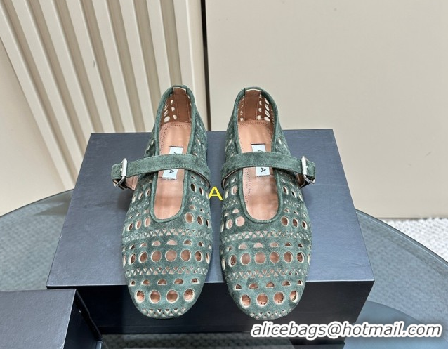 Shop Duplicate Alaia Ballet Flat in Openwork Suede Dark Green 1223001
