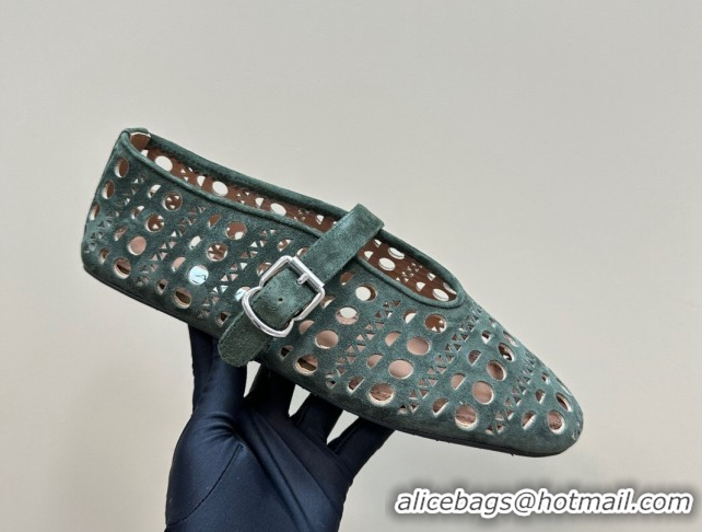 Shop Duplicate Alaia Ballet Flat in Openwork Suede Dark Green 1223001