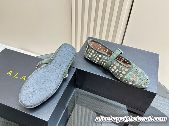 Shop Duplicate Alaia Ballet Flat in Openwork Suede Dark Green 1223001