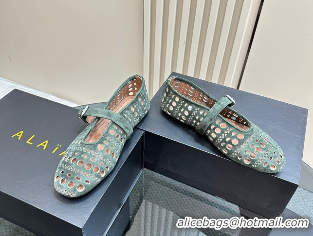 Shop Duplicate Alaia Ballet Flat in Openwork Suede Dark Green 1223001
