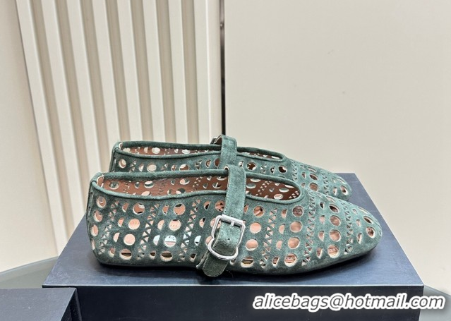 Shop Duplicate Alaia Ballet Flat in Openwork Suede Dark Green 1223001