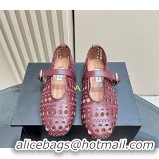 Big Discount Alaia Ballet Flat in Openwork Leather Dark Burgundy 1223002