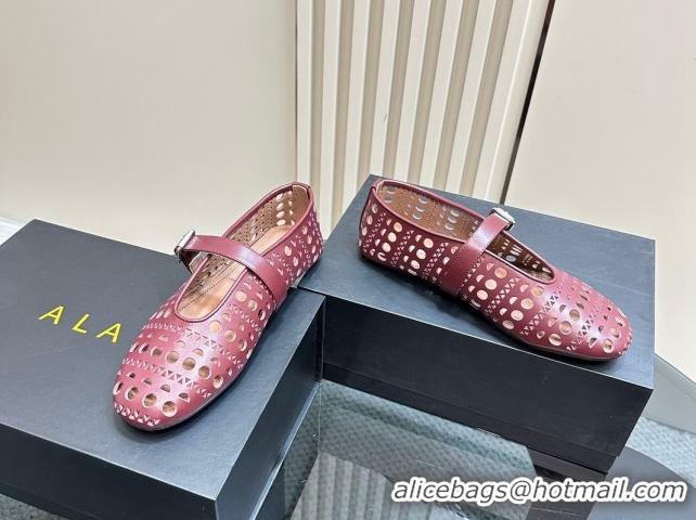 Big Discount Alaia Ballet Flat in Openwork Leather Dark Burgundy 1223002