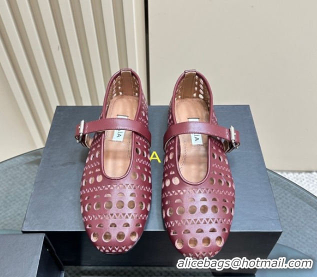 Big Discount Alaia Ballet Flat in Openwork Leather Dark Burgundy 1223002