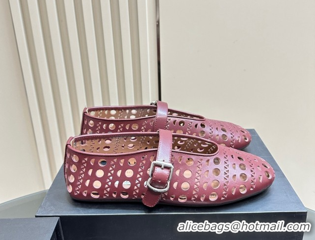 Big Discount Alaia Ballet Flat in Openwork Leather Dark Burgundy 1223002