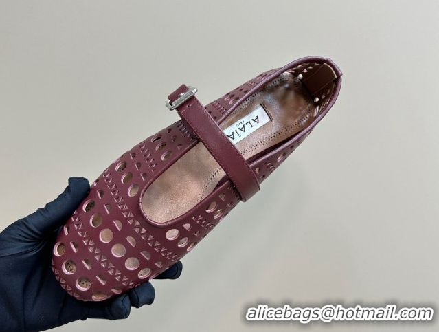 Big Discount Alaia Ballet Flat in Openwork Leather Dark Burgundy 1223002