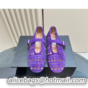 Popular Style Alaia Ballet Flat in Openwork Suede Dark Purple 1223003