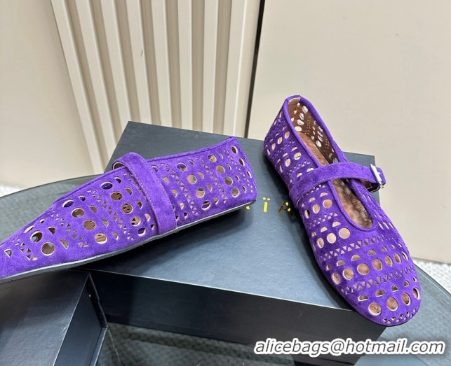 Popular Style Alaia Ballet Flat in Openwork Suede Dark Purple 1223003