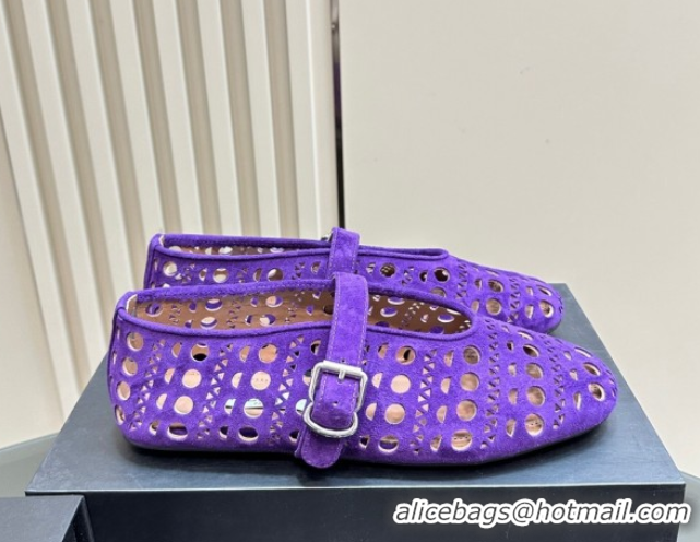 Popular Style Alaia Ballet Flat in Openwork Suede Dark Purple 1223003
