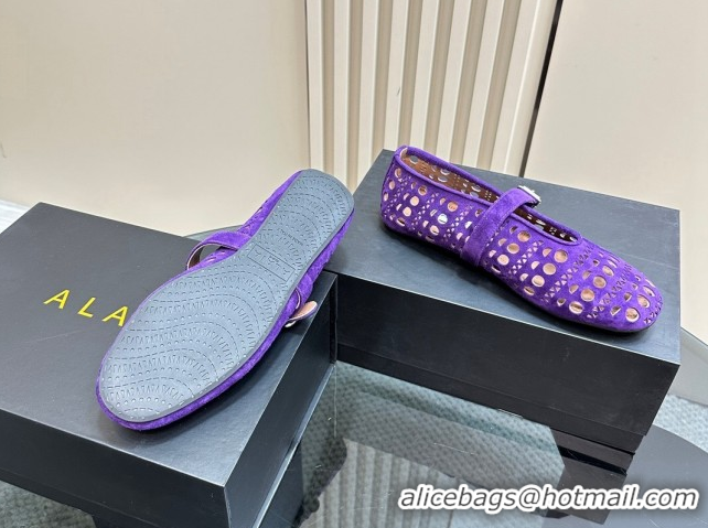 Popular Style Alaia Ballet Flat in Openwork Suede Dark Purple 1223003