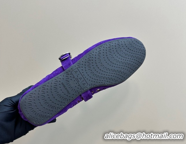 Popular Style Alaia Ballet Flat in Openwork Suede Dark Purple 1223003