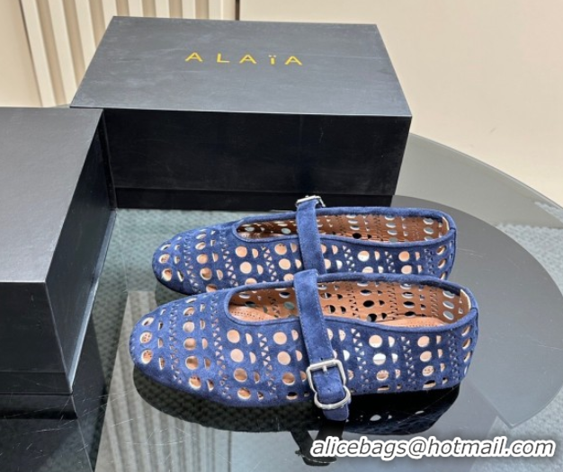 Popular Style Alaia Ballet Flat in Openwork Suede Dark Blue 1223004