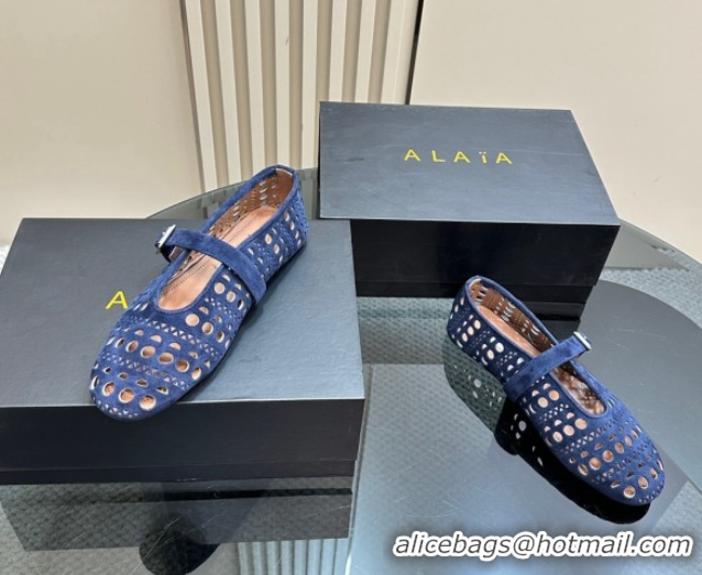 Popular Style Alaia Ballet Flat in Openwork Suede Dark Blue 1223004
