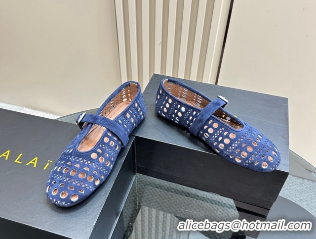 Popular Style Alaia Ballet Flat in Openwork Suede Dark Blue 1223004