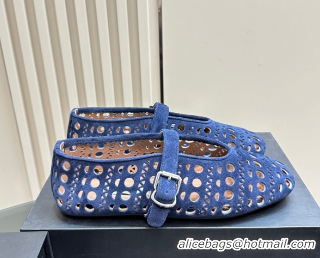 Popular Style Alaia Ballet Flat in Openwork Suede Dark Blue 1223004