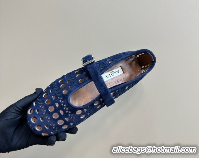 Popular Style Alaia Ballet Flat in Openwork Suede Dark Blue 1223004